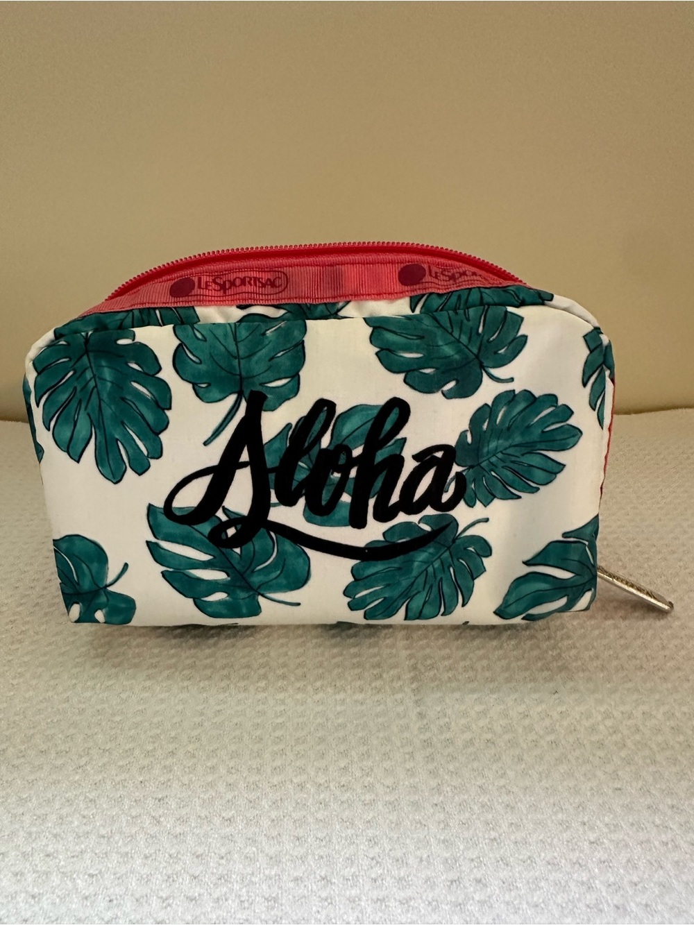 Lesportsac Teal Leaf 'Aloha' Cosmetic Pouch with Coral Zipper